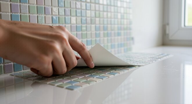 Close-up of a hand applying colorful peel-and-stick mosaic tiles to a white surface. DIY home improvement project for kitchen or bathroom backsplash renovation. Easy modern interior decoration. - Powered by Adobe