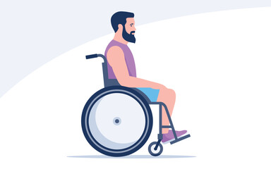 Bearded man in casual clothes sitting in wheelchair, side view illustration promoting disability inclusion

