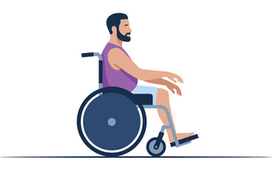Bearded man in casual clothes sitting in wheelchair, side view illustration promoting disability inclusion
