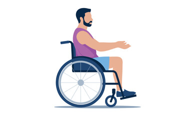 Bearded man in casual clothes sitting in wheelchair, side view illustration promoting disability inclusion
