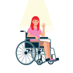 Smiling young woman with red hair in wheelchair waving near sunny window and potted sunflower
