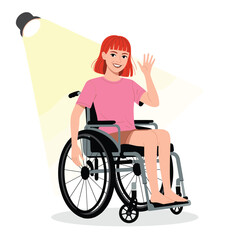 Smiling young woman with red hair in wheelchair waving near sunny window and potted sunflower
