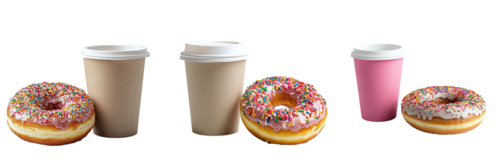 Paper cup mockup next to a delicious donut isolated on transparent background, PNG set