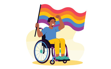 Proud cartoon man in wheelchair holding rainbow LGBTQ+ flag, symbol of inclusion and diversity

