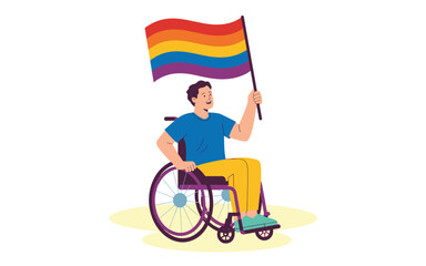 Proud cartoon man in wheelchair holding rainbow LGBTQ+ flag, symbol of inclusion and diversity
