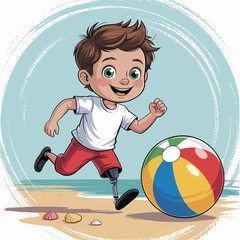 Happy cartoon boy with prosthetic leg playing with beach ball on sunny seaside with seashells
