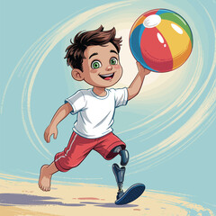 Happy cartoon boy with prosthetic leg playing with beach ball on sunny seaside with seashells
