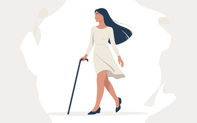 Stylish woman walking with cane in minimalist setting, symbol of elegance and mobility support
