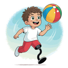 Happy cartoon boy with prosthetic leg playing with beach ball on sunny seaside with seashells
