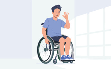 Bearded man in casual clothes sitting in wheelchair, side view illustration promoting disability inclusion
