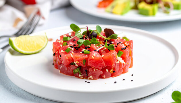 Delicious tuna tatar on white plate. Red fish fillet. Delicious food. Culinary and cooking