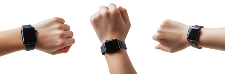 Modern smart watch on a woman's hand isolated on transparent background, PNG set