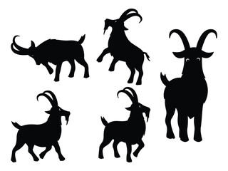 Farm Goat Silhouettes, Black Vector Clipart Set in Various Poses.
