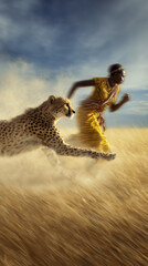 A cheetah sprinting in perfect sync with an African woman, wind swirling, dust rising, motion blur, symbolic of inner power unleashed, wide golden plains