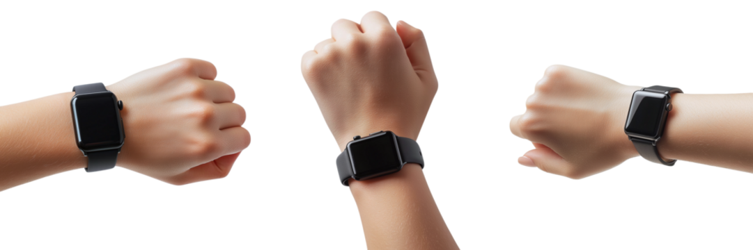 Modern smart watch on a woman's hand isolated on transparent background, PNG set - Powered by Adobe