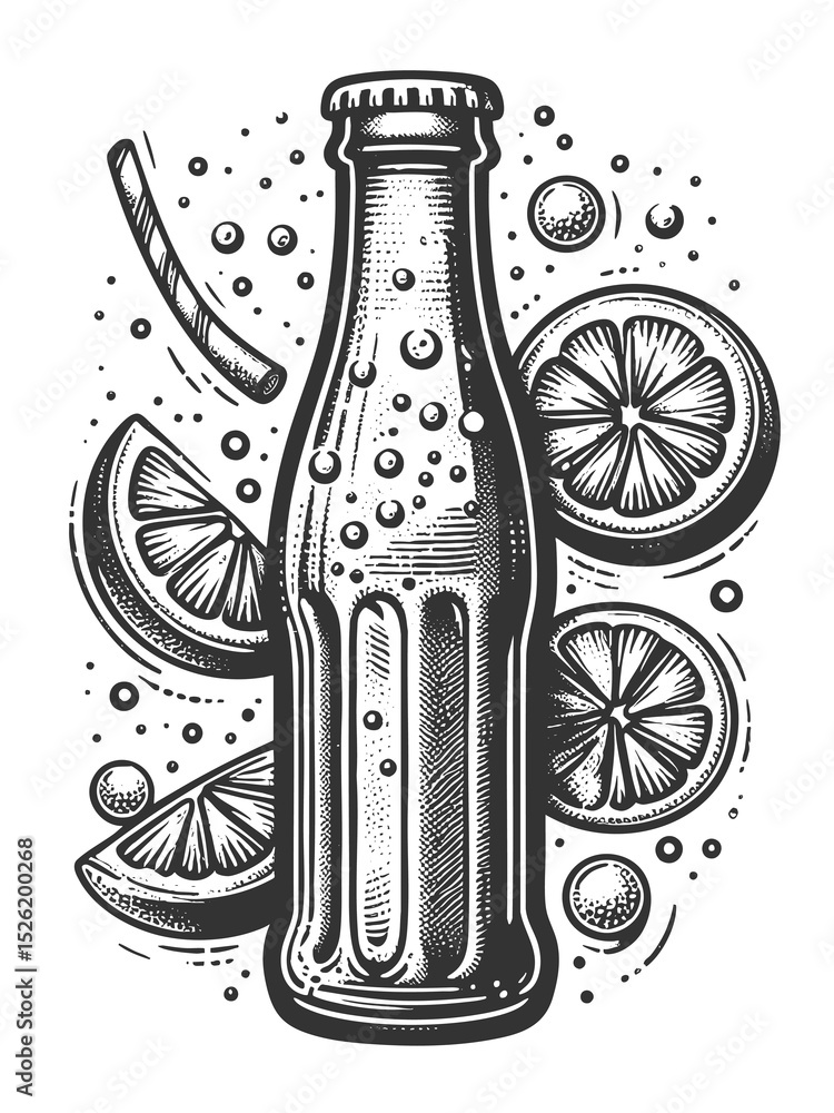 Poster soda bottle surrounded by lemon slices and fizzy bubbles, evoking refreshing summer drink vibes sket