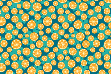 Vector oranges and palm leaves pattern background. Tropical fruit exotic summer print. Hand drawn orange circle slices and monstera leaf. Citrus texture for wrapping, textile, fabric, wallpaper, cover