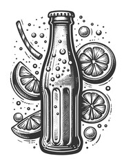 soda bottle surrounded by lemon slices and fizzy bubbles, evoking refreshing summer drink vibes sketch engraving generative ai raster illustration. Scratch board imitation. Black and white image.
