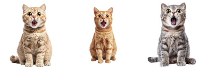 Set of surprised cute cats isolated on transparent background PNG