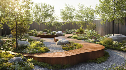Fototapeta premium serene garden landscape featuring winding pathways, lush greenery, and natural stones