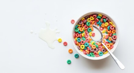 Colorful cereal rings in milk with a spoon, spilled milk on a white surface