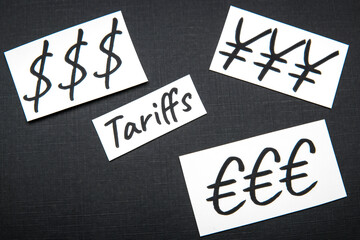 Dollar, euro and yen currency symbols, tariffs.