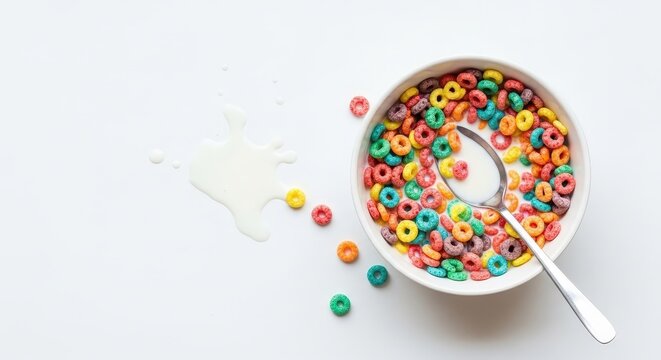 Colorful cereal rings in milk with a spoon, spilled milk on a white surface
