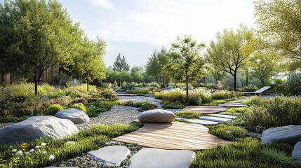 Fototapeta premium serene garden landscape featuring wooden pathways, lush greenery, and vibrant flowers