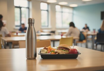 Lunch tray with a sandwich, fruit, and a water bottle on a cafeteria table