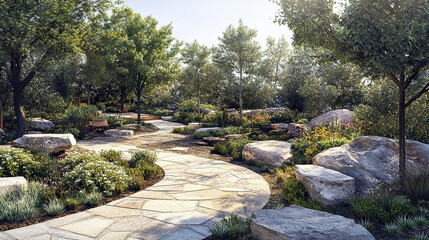 serene garden path surrounded by lush greenery and vibrant flowers invites tranquility and peace