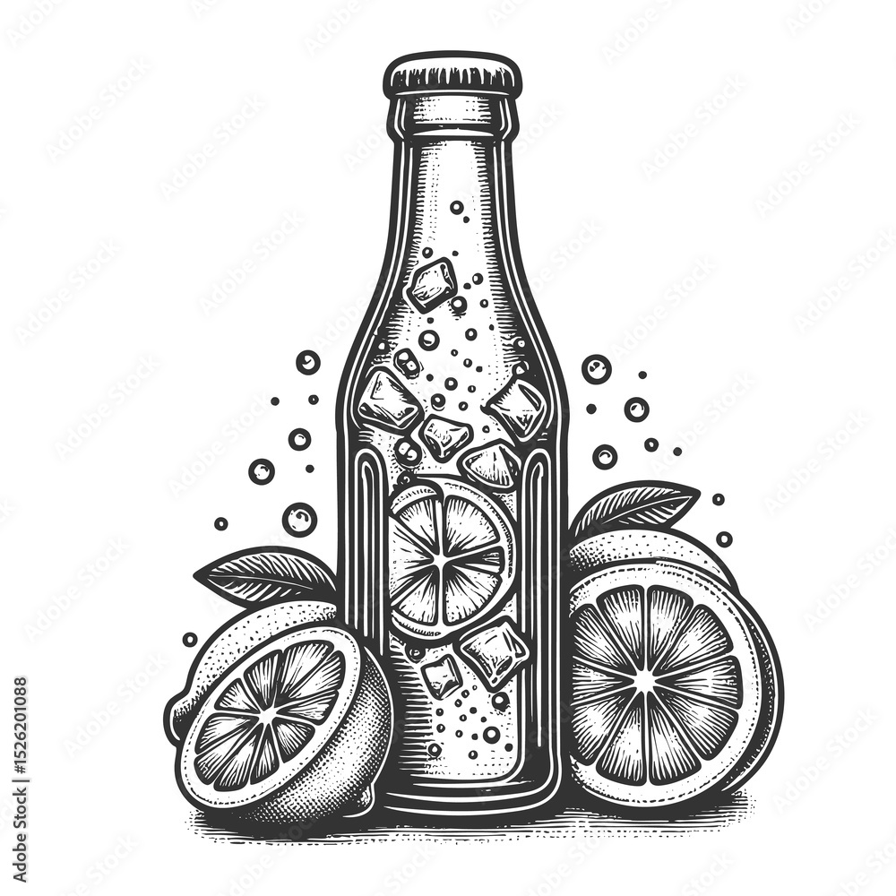 Poster soda bottle surrounded by lemon slices and fizzy bubbles, evoking refreshing summer drink vibes sket