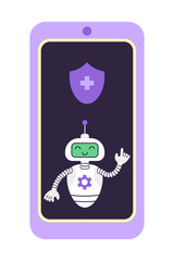 Robot and shield with cross on the smartphone screen. Concept of digital security and technical support. Isolated vector illustration.