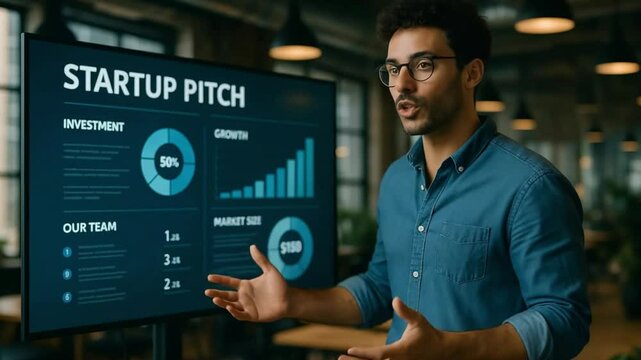 Young Tech Entrepreneur Pitching Startup in Modern Co-Working Space