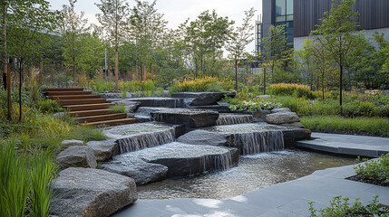 Fototapeta premium serene landscape featuring cascading water feature, natural stones, and lush greenery