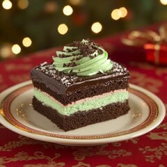 Chocolate Mint Cake Slice on White Plate, Festive Holiday Dessert with Chocolate Shavings