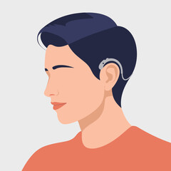 Side profile of young person with short hair wearing a hearing aid, modern cartoon illustration promoting hearing accessibility and inclusion
