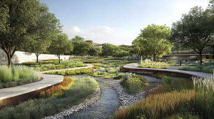 serene landscape featuring winding stream surrounded by lush greenery and vibrant flowers