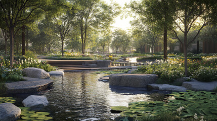 Obraz premium serene landscape featuring tranquil water body surrounded by lush greenery and vibrant flowers