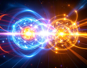 Fototapeta premium Abstract Energy Collision Glowing Spheres Cosmic Rays and Dynamic Light Streaks