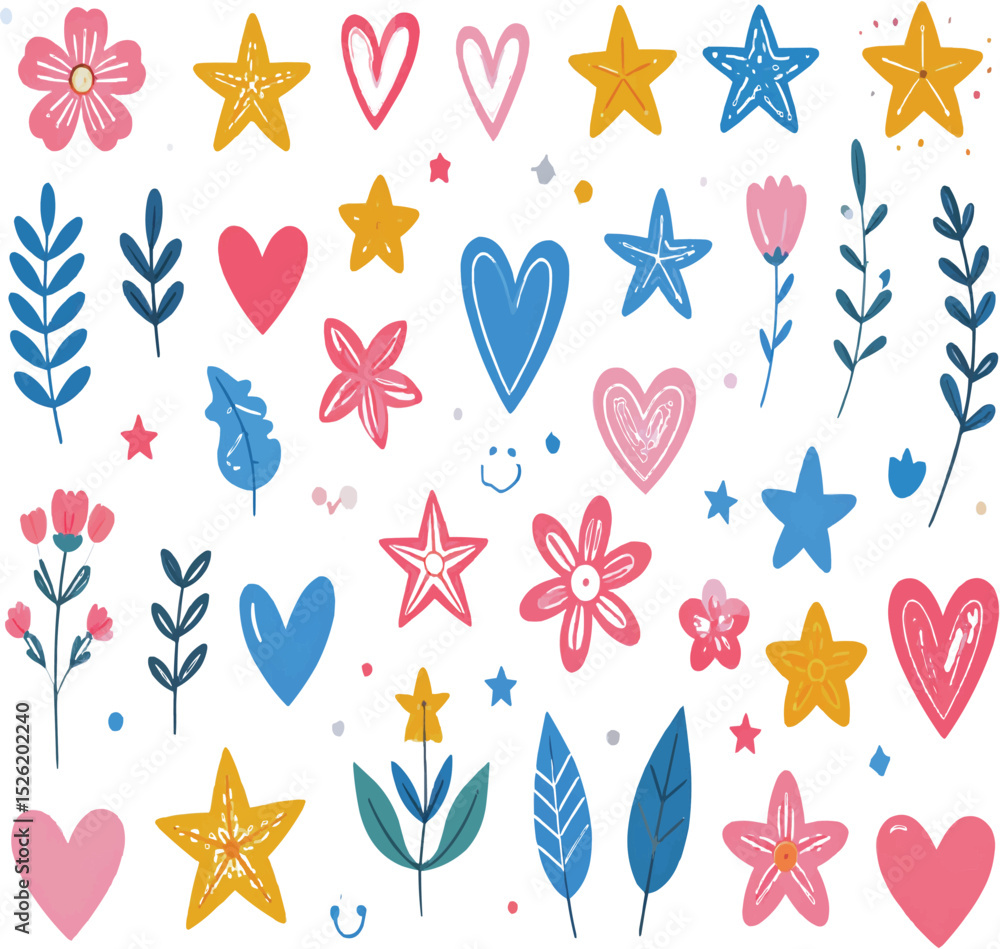 Poster assorted floral and heart shapes with star shapes arranged background on transparent background