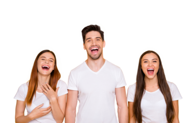 Portrait of cheerful fellows laughing touching chest wearing white t-shirt isolated over yellow background