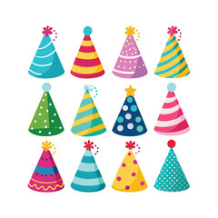 Twelve colorful party hats collection for celebration