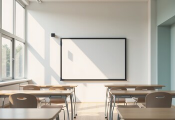 Minimalist classroom featuring a smartboard and abundant natural light