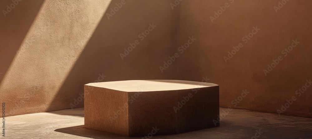 Poster brown block platform positioned on a tan textured backdrop with suitable empty space for content