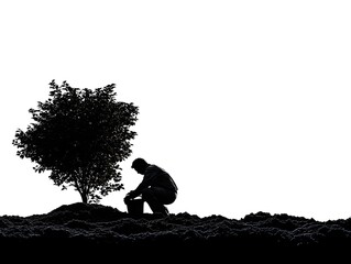 A silhouetted man plants a young tree in soil against a bright white background on an isolated day outdoors.