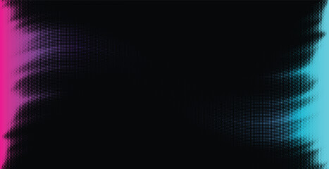Vector halftone wave curve with glowing magenta and cyan edges on black background. Retro dot neon glow gradient design.