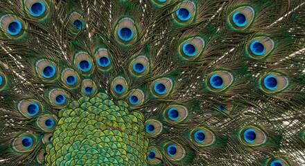 Obraz premium Peacock Tail Feathers Displaying Vivid Colors and Intricate Patterns