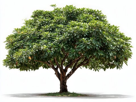A green sapodilla tree with dense foliage and a thick trunk stands against a bright white background outdoors.
