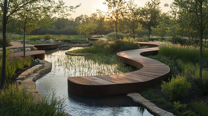 Fototapeta premium serene landscape featuring winding wooden pathway through lush greenery and water