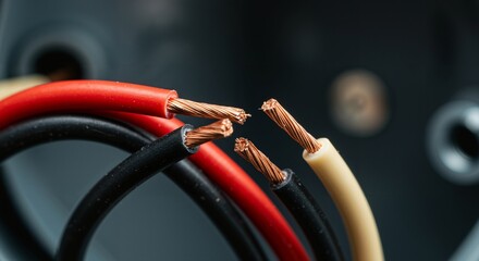 Close-up of Stripped Electrical Wires with Copper Conductors. Red, Black, and White Insulated Cables Ready for Connection in an Electrical Box.